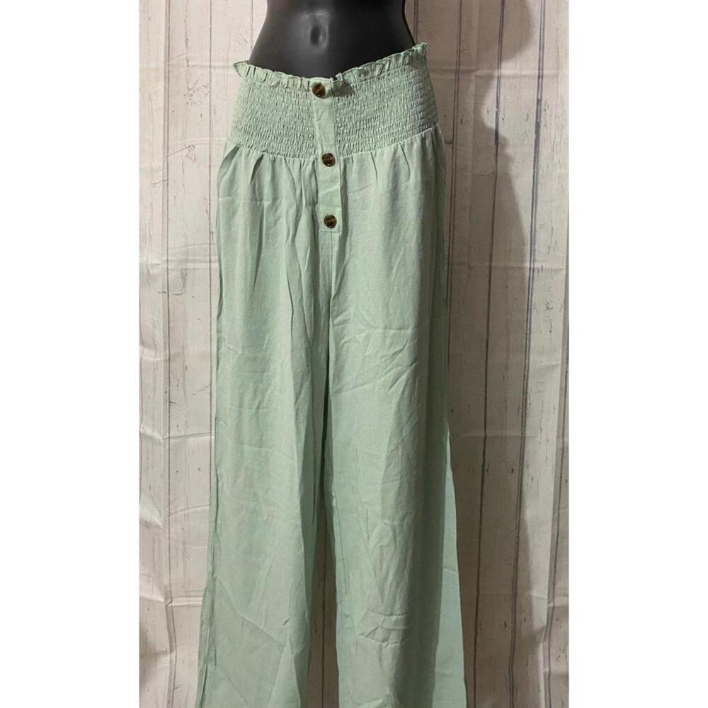 Mint Green Smocked Waist Wide-Leg Pants -Large-New(0050)